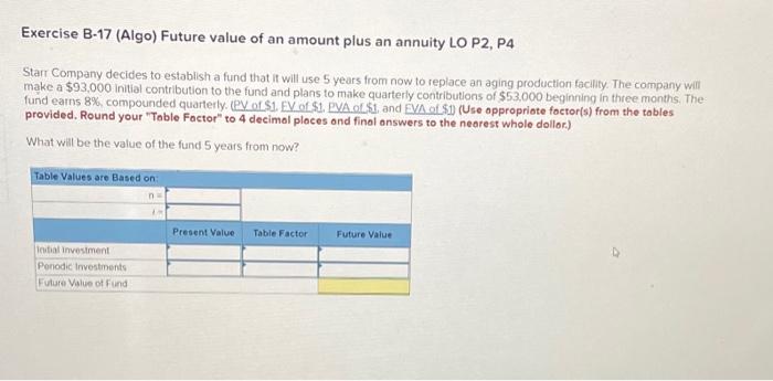  Exercise B-17 (Algo) Future value of an amount plus an annuity
