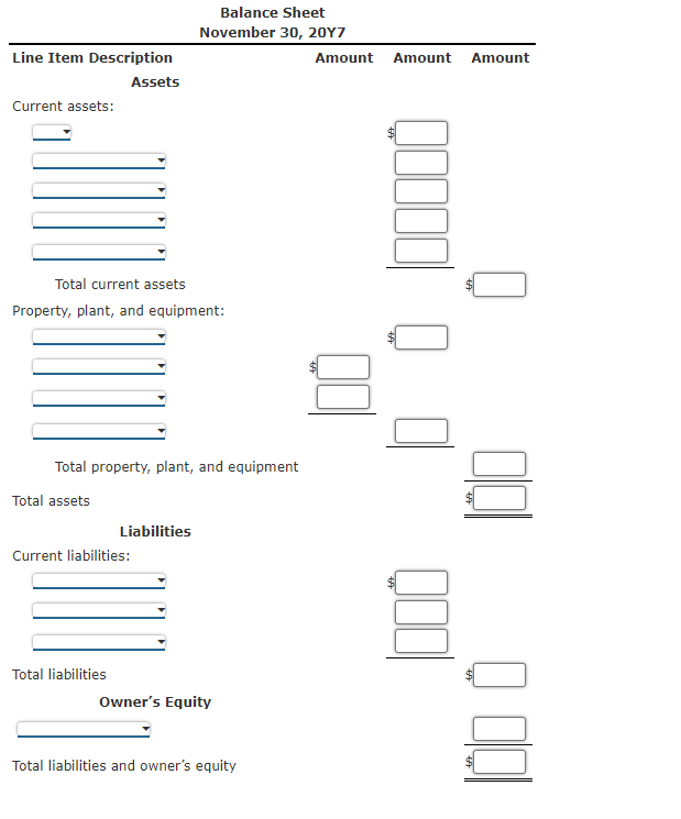 Cash. Balance Sheet November 30, 20Y7 Total current assets Property, plant, and