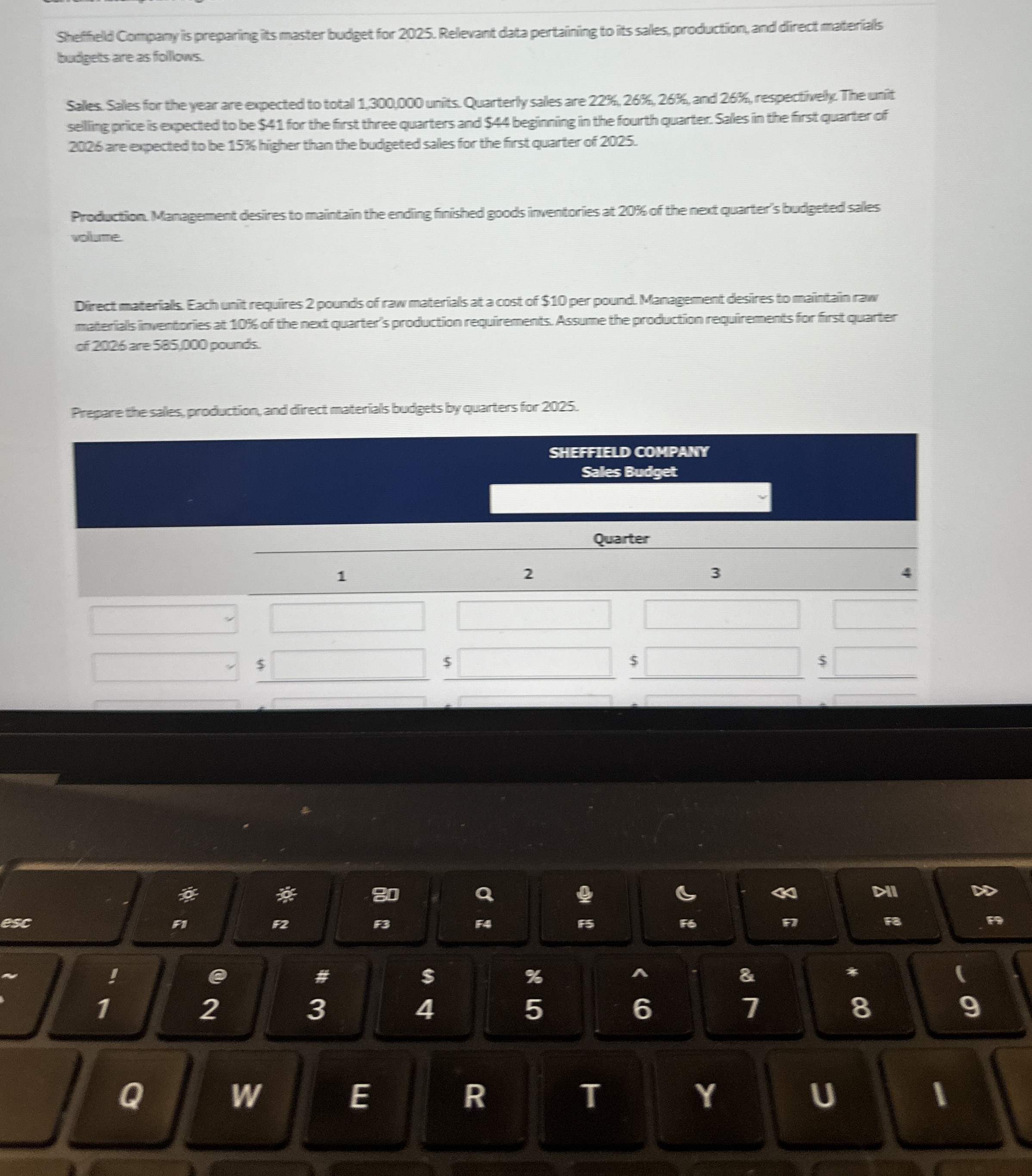  Sheffeld Company is preparingits master budget for 2025. Relevant data pertaining