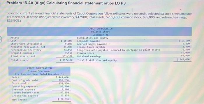  accounting help. Problem 13-4A (Algo) Calculating financial statement ratios LO P3