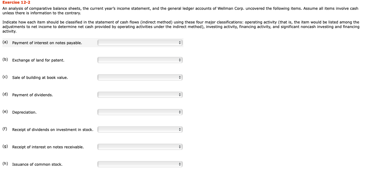  Exercise 12-2 An analysis of comparative balance sheets, the current year's
