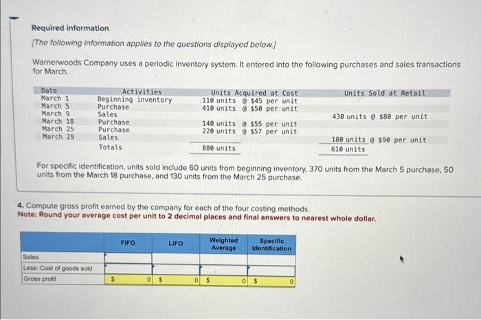 March. For specific identification, units sold include 60 units from beginning inventory,