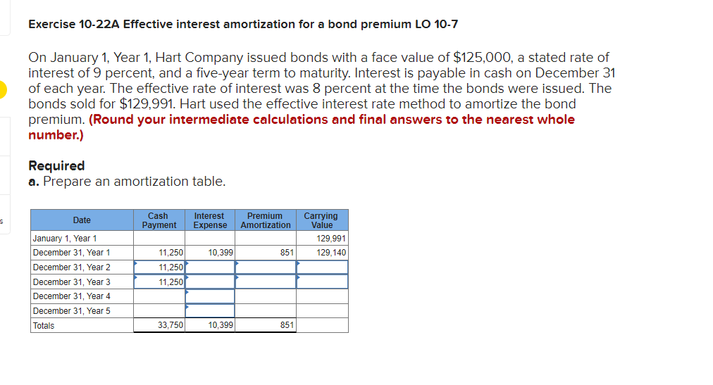 Exercise 10-22A Effective interest amortization for a bond premium LO 10-7