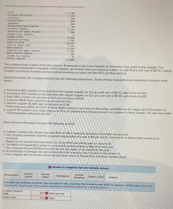 Need help finding the inventory turnover ratio and days to sell UW