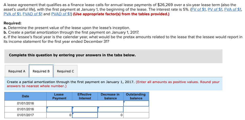 annual lease payments of $26,269 over a six-year lease term (also the