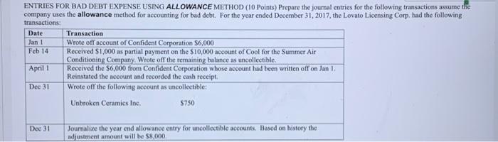  ENTRIES FOR BAD DEBT EXPENSE USING ALLOWANCE METHOD (10 Points) Prepare