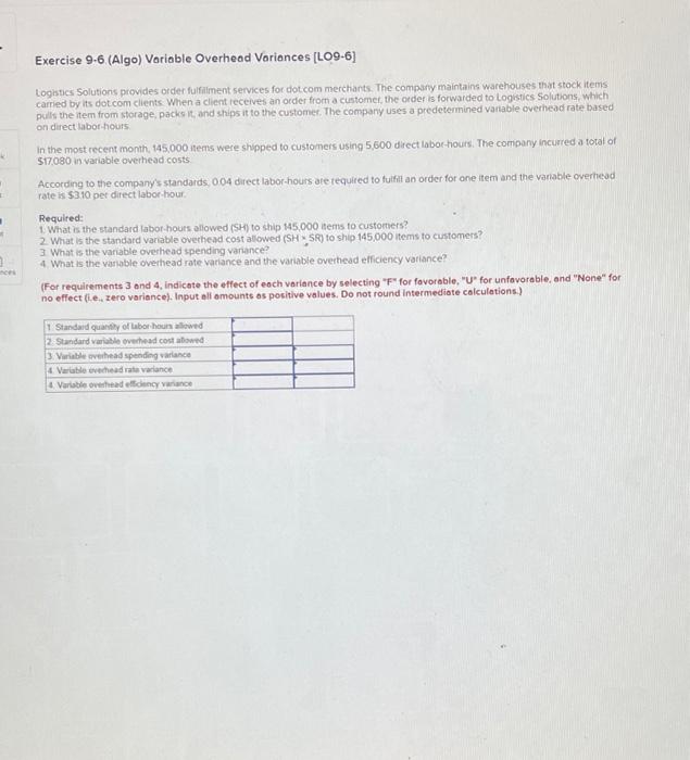  Exercise 9.6 (Algo) Variable Overhead Variances [LO9-6] Logistics Solutions provides order