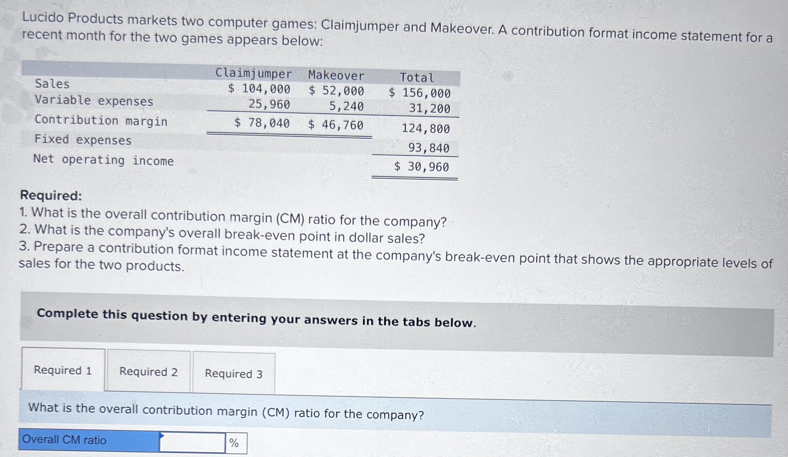 3. Prepare a contribution format income statement at the company's break-even point