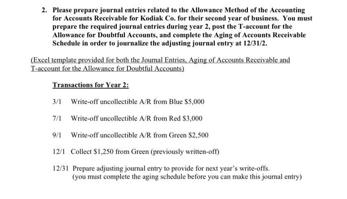 the Accounting for Accounts Receivable for Kodiak Co. for their second year
