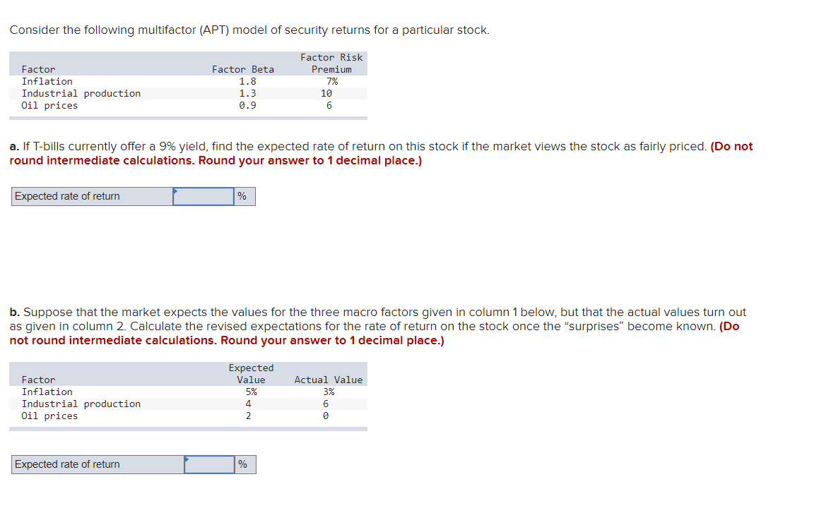 Consider the following multifactor (APT) model of security returns for a particular