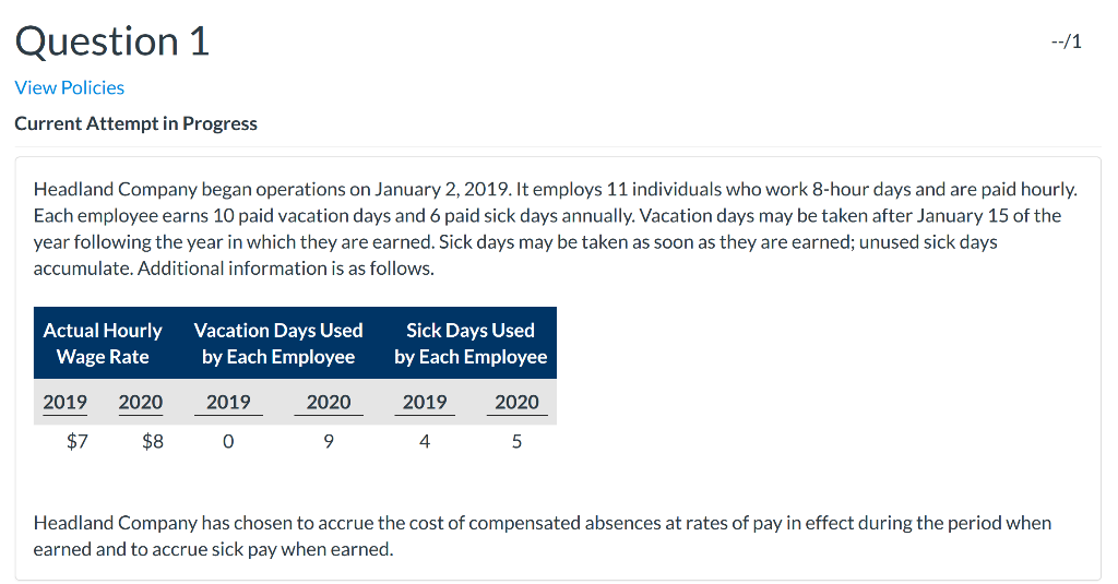 Question 1 --/1 View Policies Current Attempt in Progress Headland Company