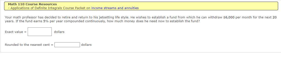  Math 110 Course Resources - Applications of Definite Integrals Course Packet