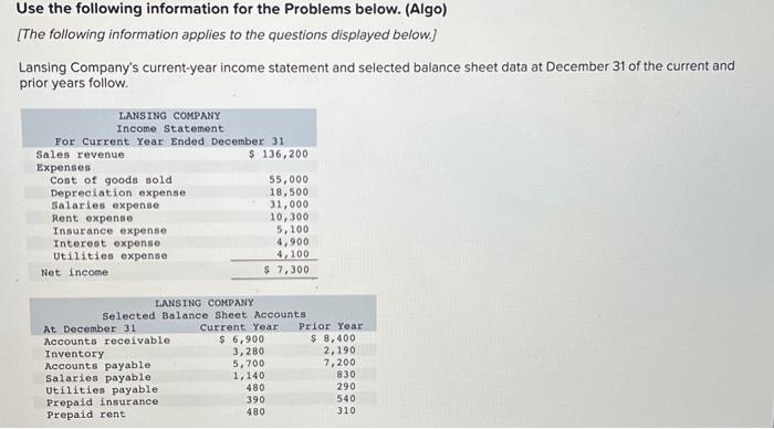 Use the following information for the Problems below. (Algo) [The following information