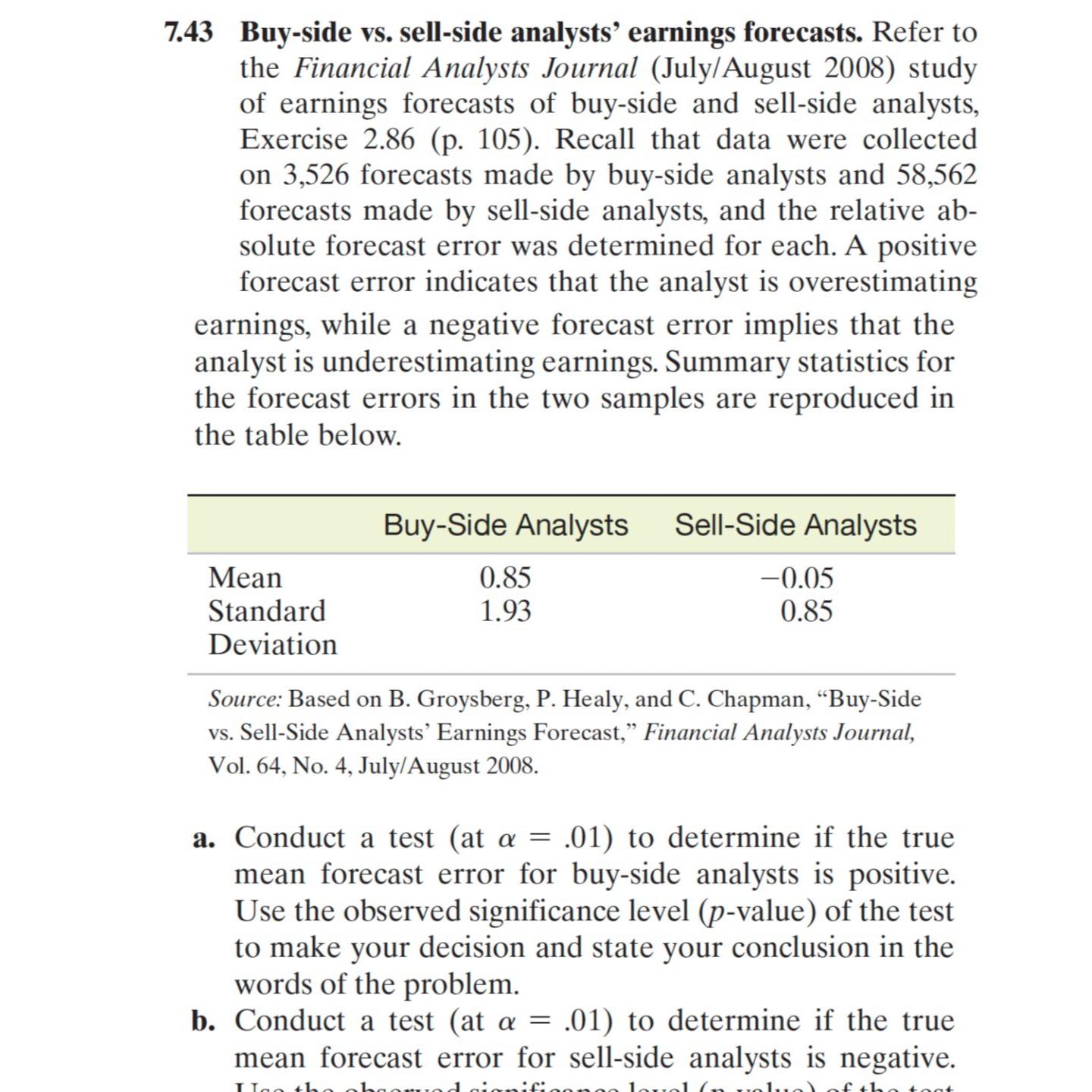  7.43 Buy-side vs. sell-side analysts' earnings forecasts. Refer to the Financial