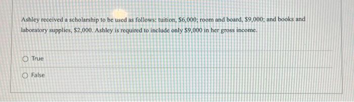 Ashley received a scholarship to be used as follows: tuition. S6,OOO; room
