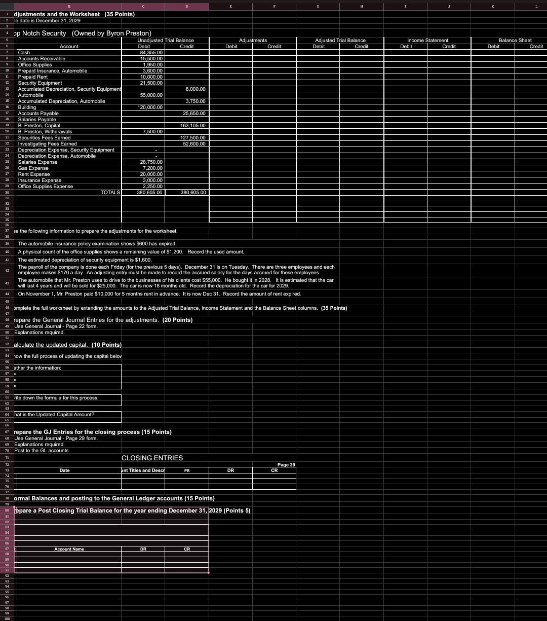  djustments and the Worksheet (35 Points) le date is December 31,2029