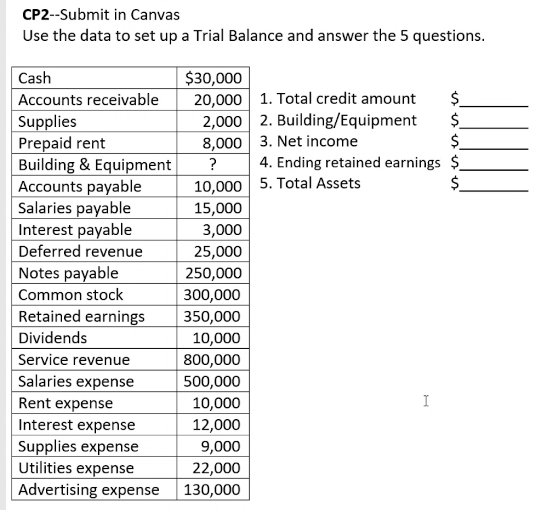 CP2--Submit in Canvas Use the data to set up a Trial Balance
