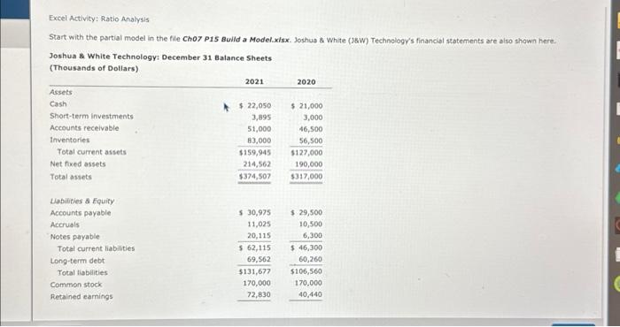  Excel Activity: Ratio Analysis Start with the partial model in the