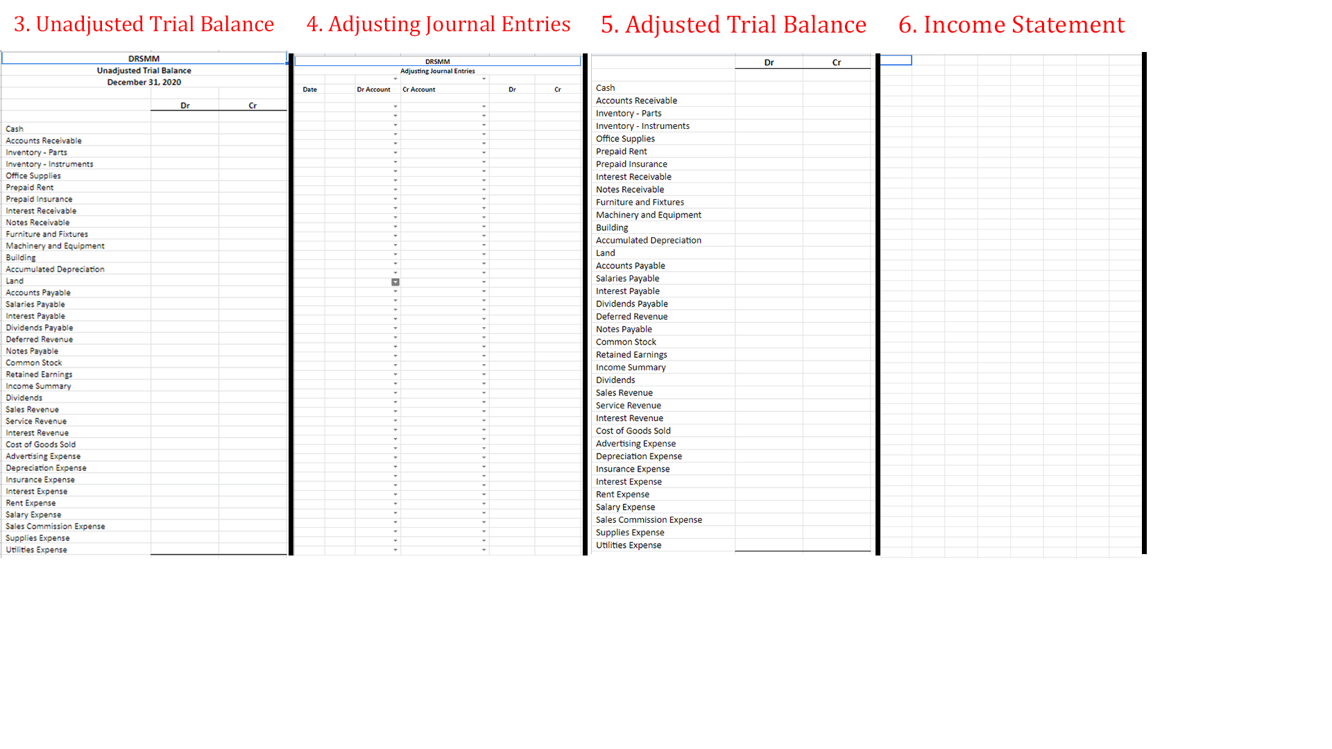 Trial Balance 6. Income Statement 7. Statement of Equity 8. Balance Sheet