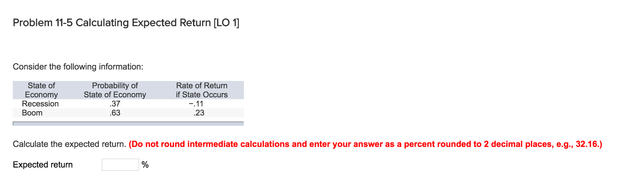 Problem 11-5 Calculating Expected Return [LO 1] Consider the following information: State