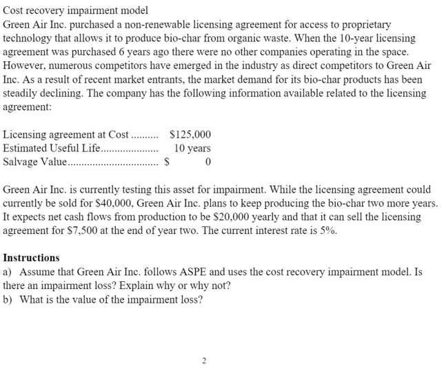  Please answer step by step Cost recovery impairment model Green Air