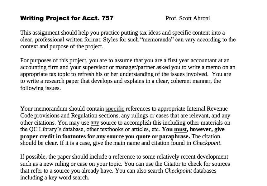  Writing Project for Acct. 757 Prof. Scott Ahroni This assignment should