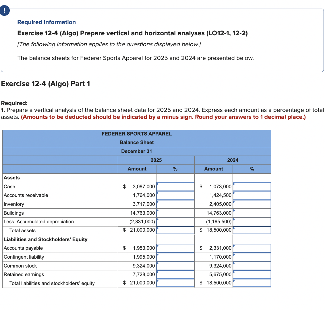  Required information Exercise 12-4 (Algo) Prepare vertical and horizontal analyses (LO12-1,