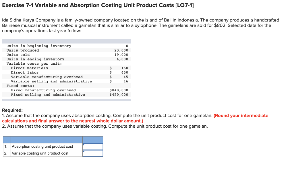  Exercise 7-1 Variable and Absorption Costing Unit Product Costs [LO7-1] Ida