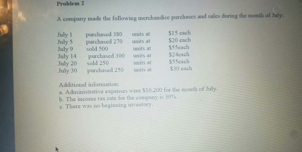I need this exercise for each method FIFO,LIFO and weighted average in