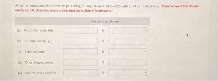 Company financial statements is shown below: Using horizontal analysis, show the percentage