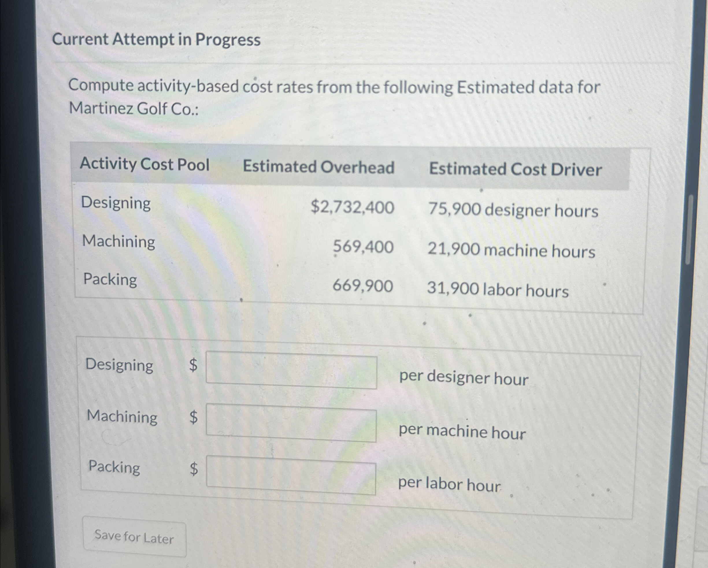  Current Attempt in Progress Compute activity-based cost rates from the following
