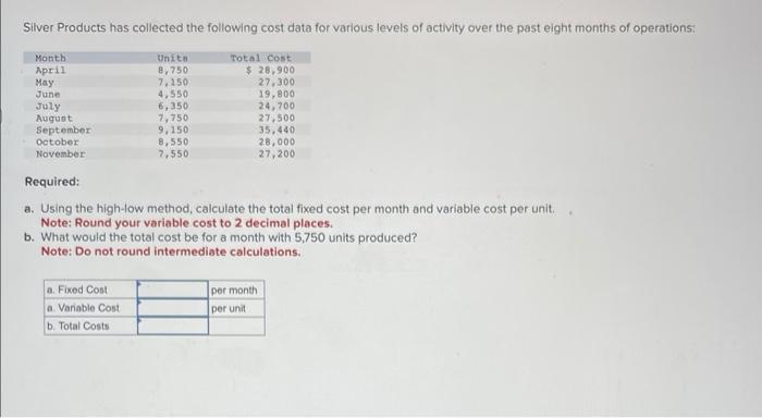 please help! Silver Products has collected the following cost data for varlous