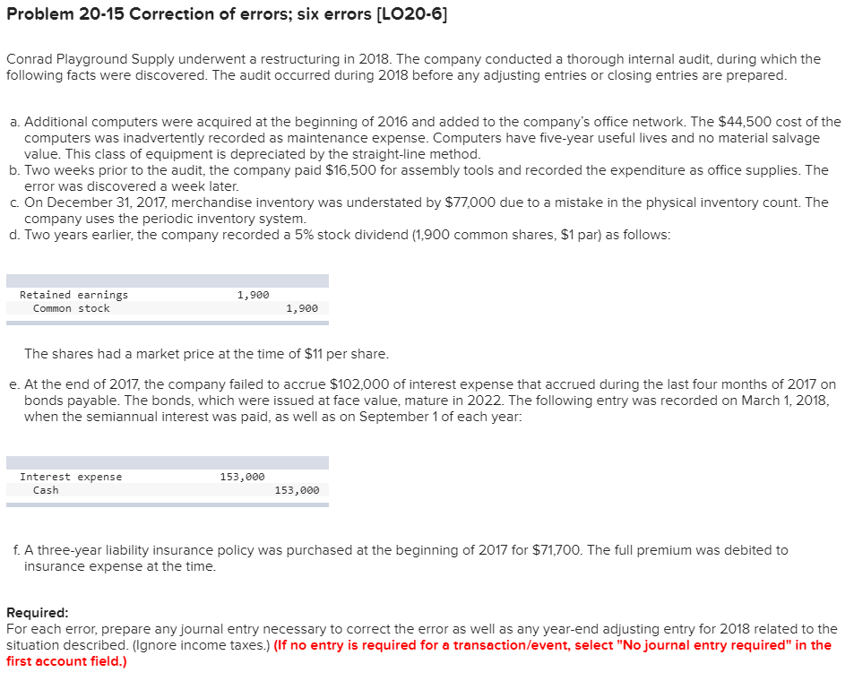  Problem 20-15 Correction of errors; six errors [LO20-6] Conrad Playground Supply