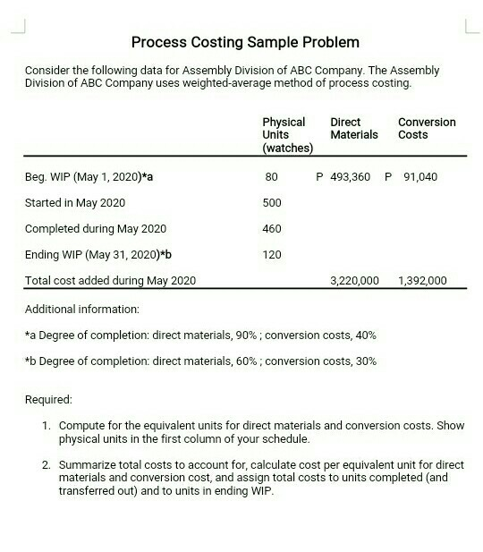  Process Costing Sample Problem Consider the following data for Assembly Division