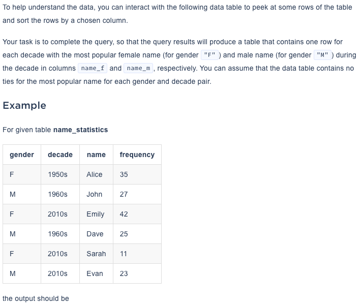 not modify the pre-existing code. Consider an input table data name_statistics that