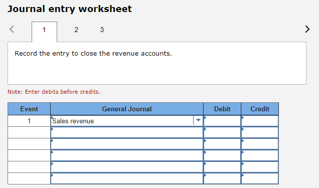 Record the entry to close the revenue accounts. Note: Enter debits before