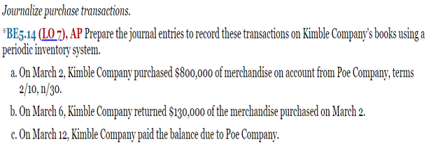  Jourmalize purchase transactions. *BE5.14(L07), AP Prepare the journal entries to record