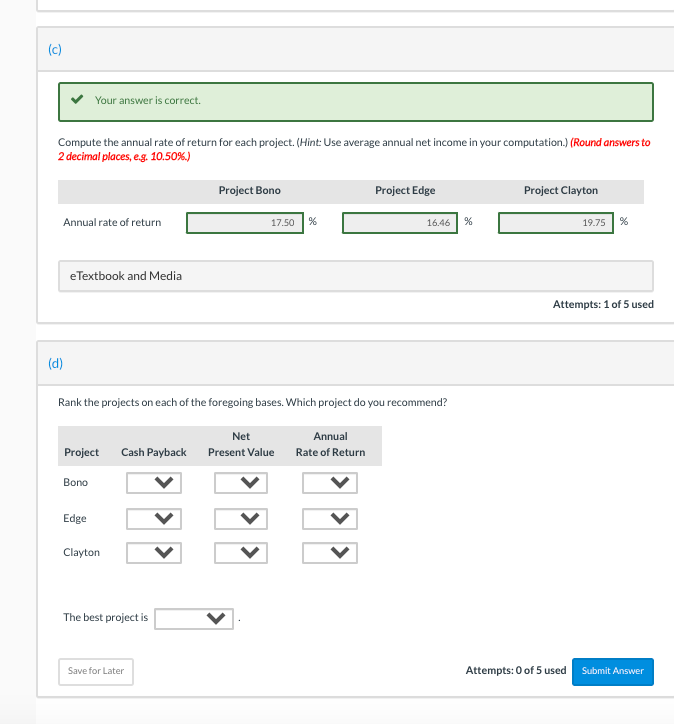 investment proposals. Each investment has a useful life of 5 years. Relevant
