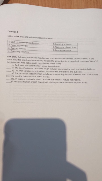  Question 3 Listed below are eight technical accounting terms: 1. Cash