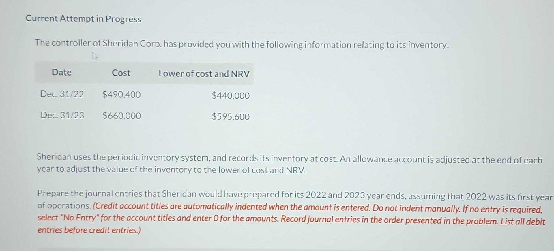 Current Attempt in Progress The controller of Sheridan Corp. has provided