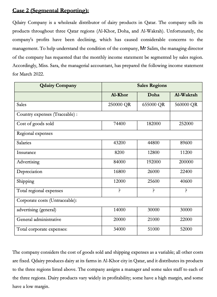  Please answer Question 3 and 4 only Case 2 (Segmental Reporting):