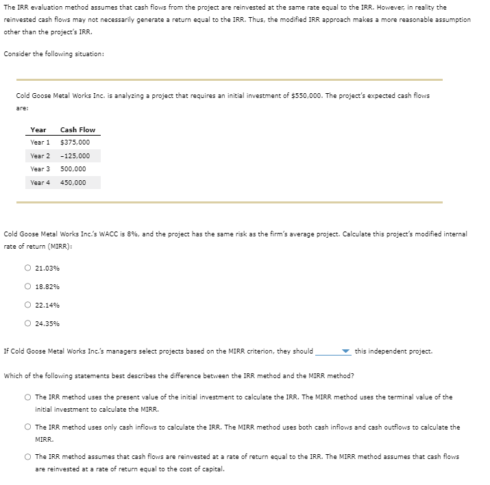 The IRR evaluation method assumes that cash flows from the project