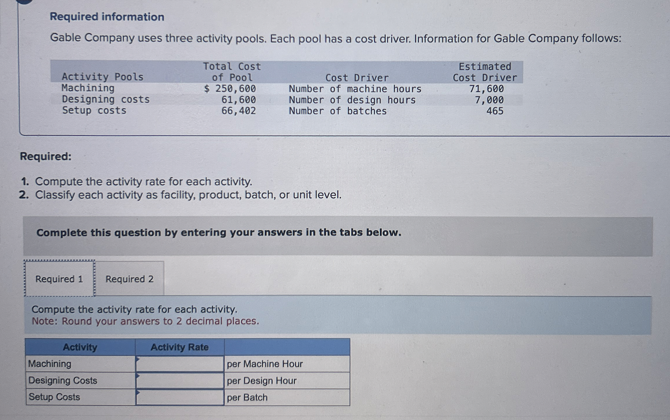  Required information Gable Company uses three activity pools. Each pool has