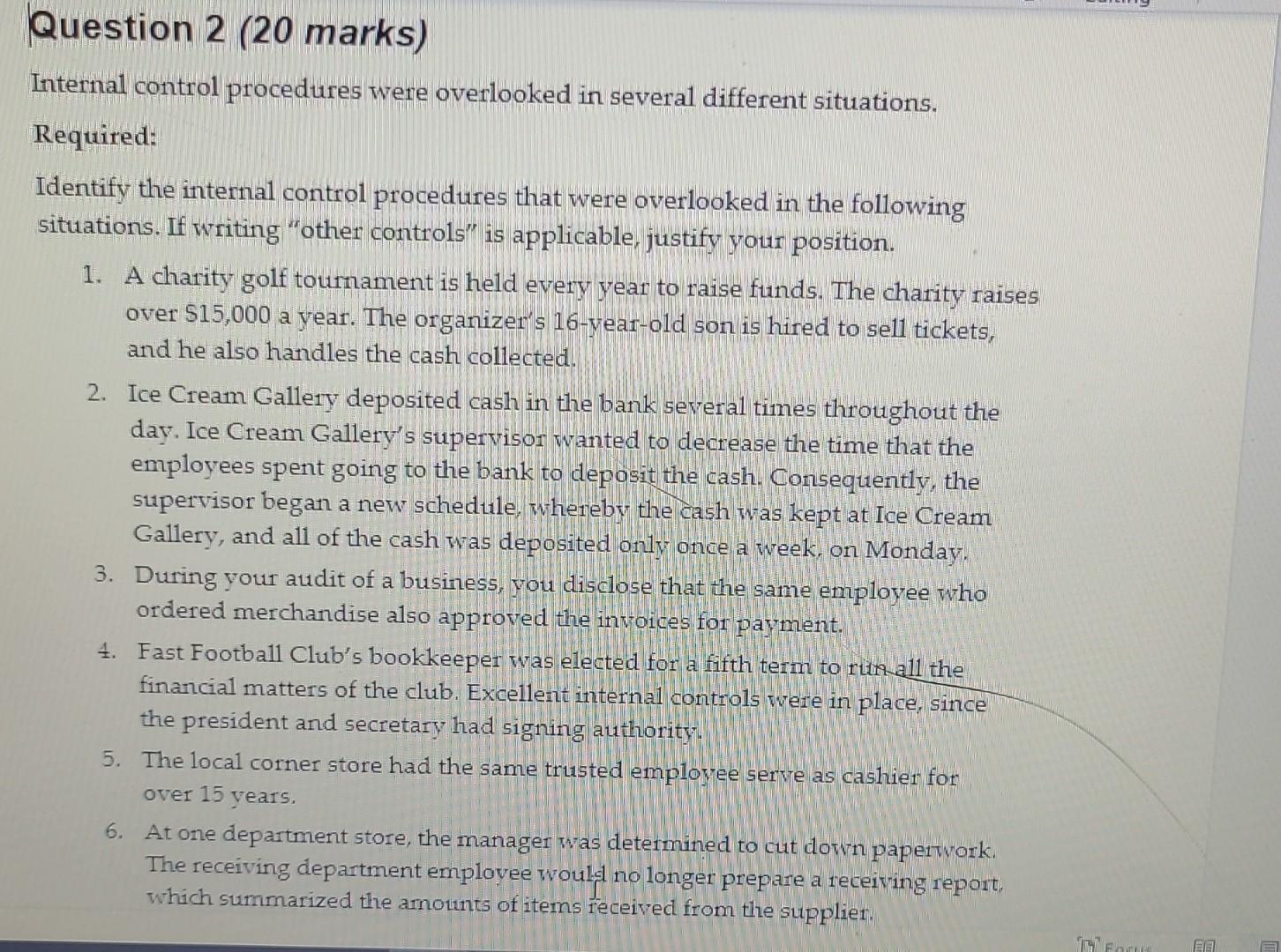  Internal control procedures were overlooked in several different situations. Required: Identify