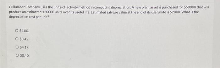  Cullumber Company uses the units-of-activity method in computing depreciation. A new