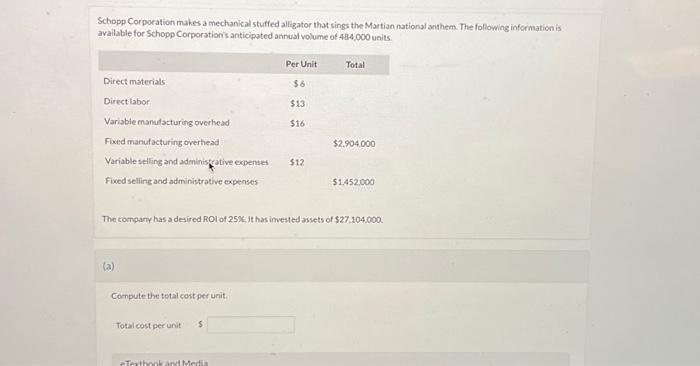  b. compute the drsired ROI per unit c. compute the markup