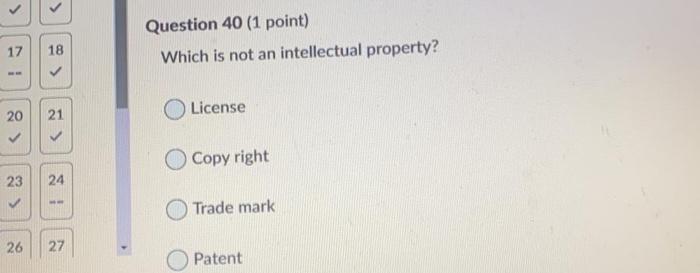  > Question 40 (1 point) Which is not an intellectual property?
