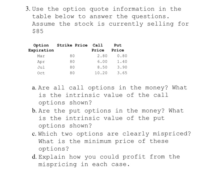  3. Use the option quote information in the table below to