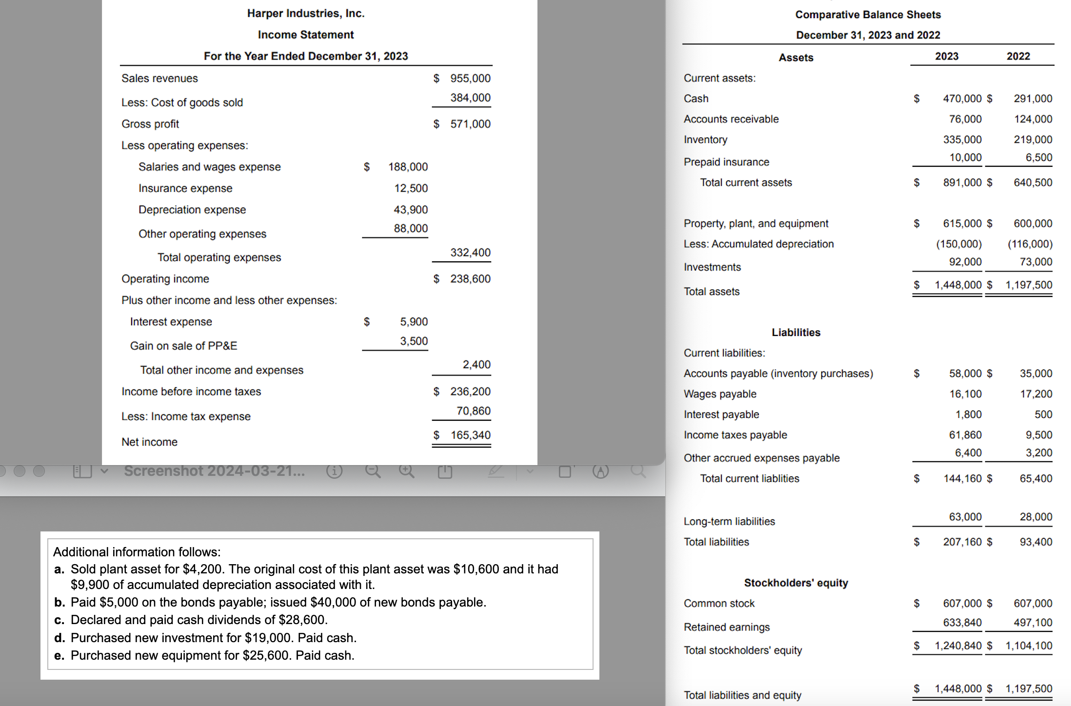  Prepare a statement of cash flows using the indirect method. The