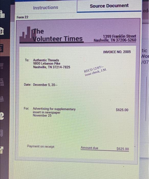 Which account do post this transaction to?? Instructions Source Document ed Form